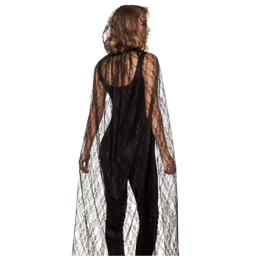 Black Sheer Lace Hooded Cape Cloak Steampunk Pirate Baddie Cosplay Duster